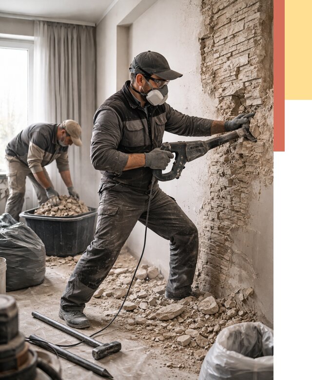 Демонтаж декоративного камня в Новодвинске от 1483 руб/м² — быстро и недорого | ОТДЕЛОЧНИК-Нвд