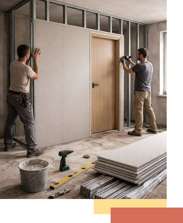 Перегородка из гипсокартона с дверью под ключ в Новодвинске