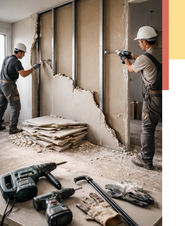 Демонтаж перегородки из гипсокартона в Новодвинске от 1227 руб. быстро и недорого | ОТДЕЛОЧНИК-Нвд