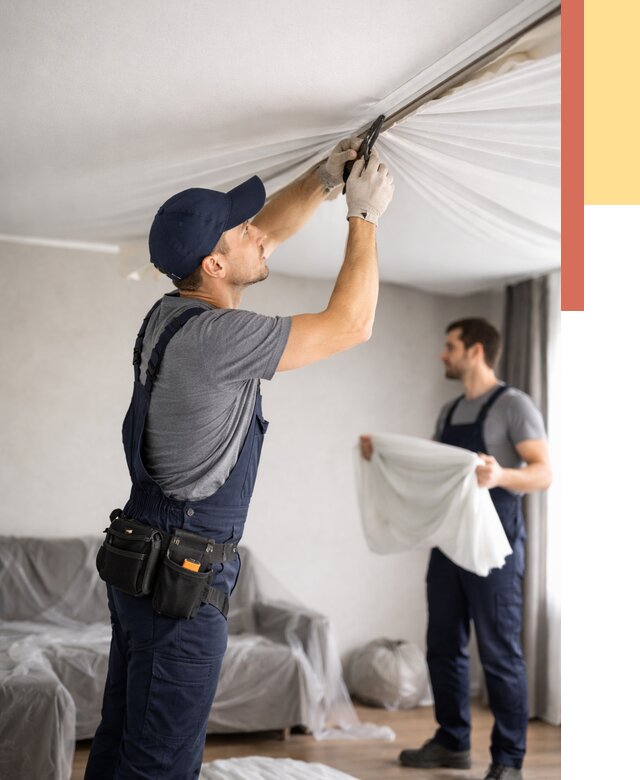 Демонтаж натяжного потолка в Новодвинске от 4602 руб. — снятие и разбор под ключ | ОТДЕЛОЧНИК-Нвд