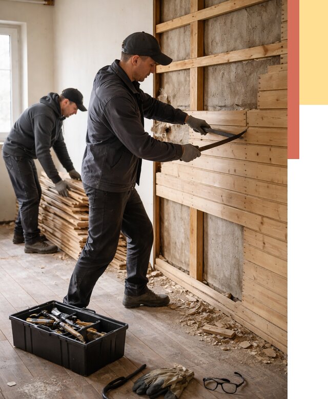 Демонтаж вагонки в Новодвинске от 3886 руб/м2 — быстро и недорого | ОТДЕЛОЧНИК-Нвд