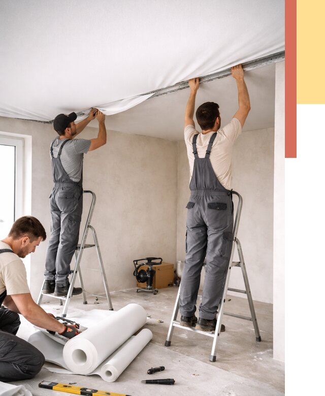 Монтаж тканевого натяжного потолка в Новодвинске от 3579 руб. под ключ | ОТДЕЛОЧНИК-Нвд