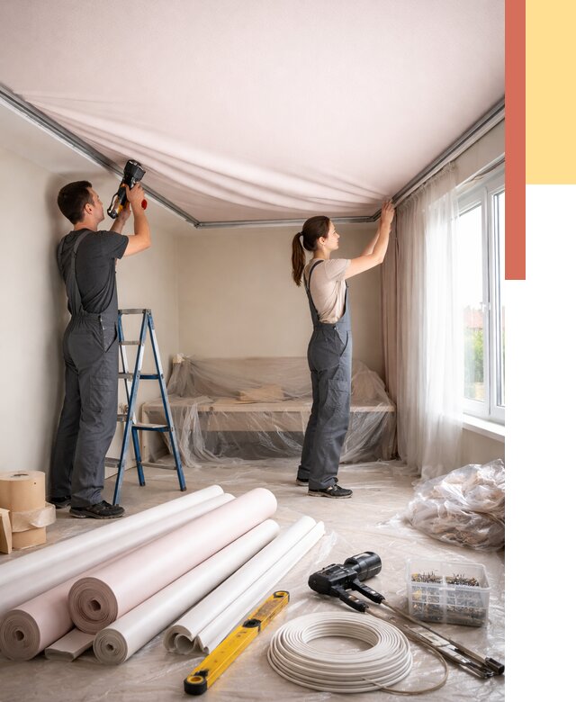 Монтаж цветного натяжного потолка в Новодвинске от 4295 руб/м² — быстро и недорого | ОТДЕЛОЧНИК-Нвд