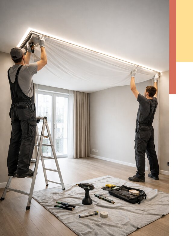 Монтаж парящего натяжного потолка в Новодвинске от 4602 руб. быстро и недорого | ОТДЕЛОЧНИК-Нвд