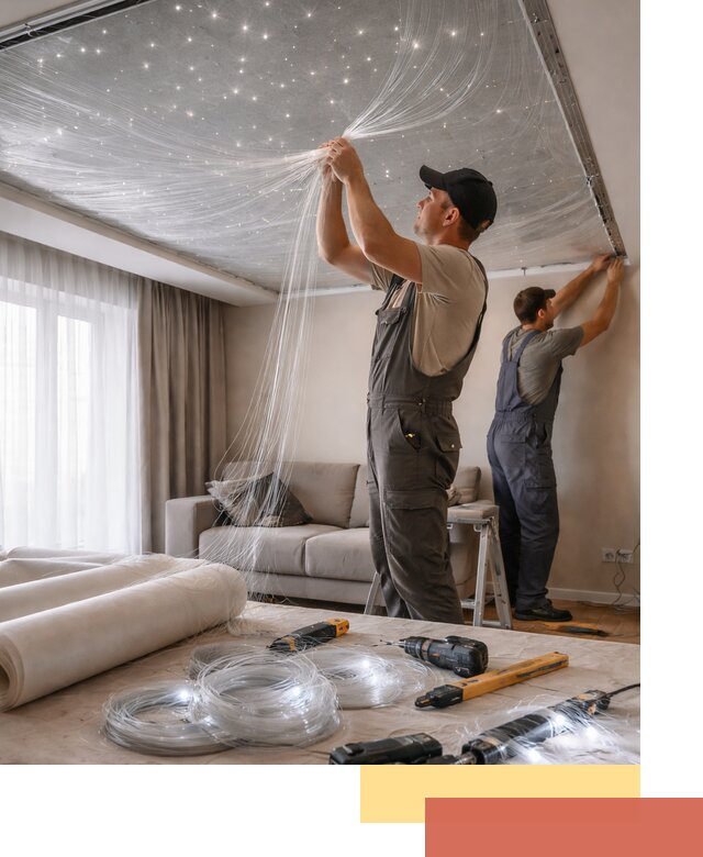 Монтаж натяжного потолка «Звездное небо» в Новодвинске