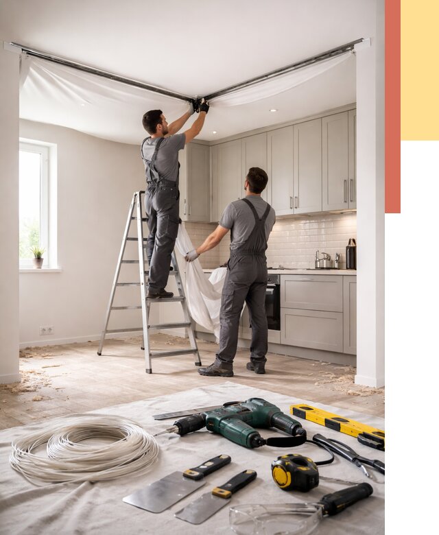 Установка натяжного потолка на кухне в Новодвинске от 2454 руб. | ОТДЕЛОЧНИК-Нвд