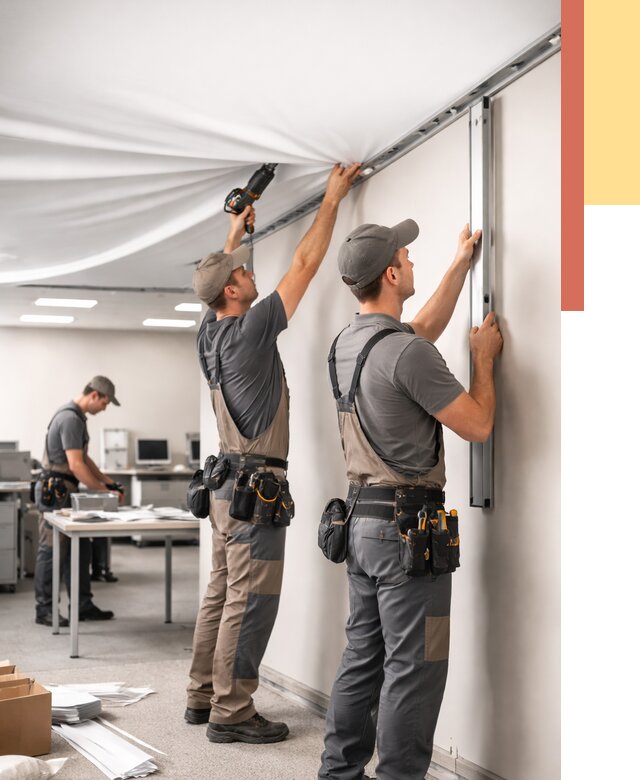 Монтаж натяжного потолка в офисе в Новодвинске от 460 руб/м² — быстро и недорого | ОТДЕЛОЧНИК-Нвд