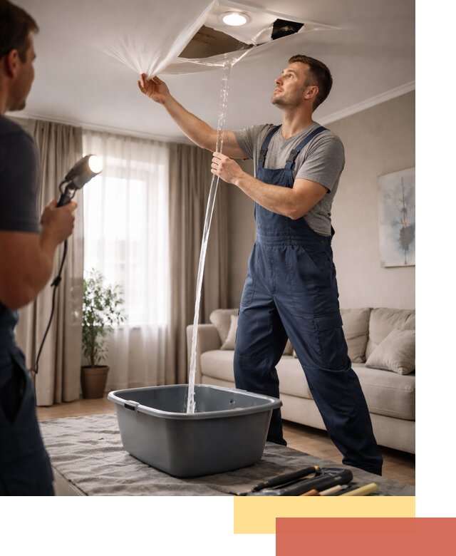 Слив воды с натяжного потолка в Новодвинске быстро и аккуратно