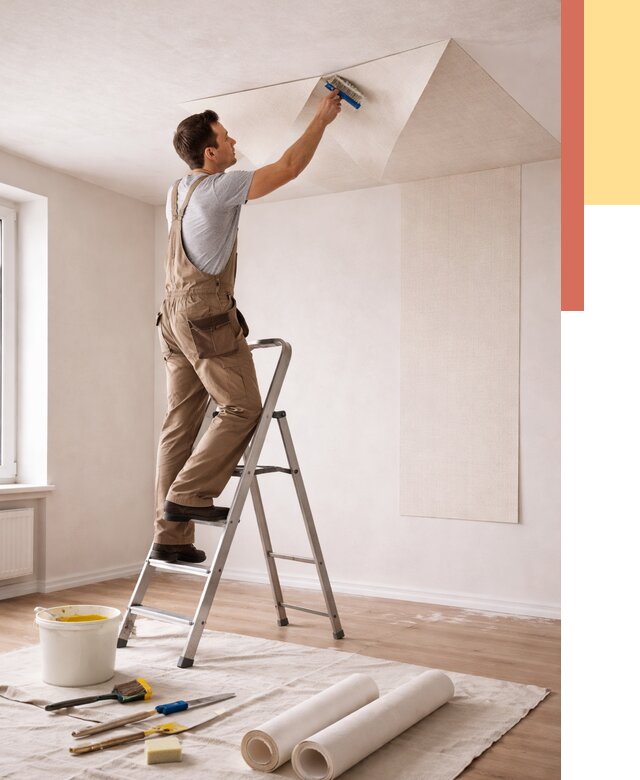 Поклейка обоев на потолок в Новодвинске от 4602 руб. быстро и недорого | ОТДЕЛОЧНИК-Нвд